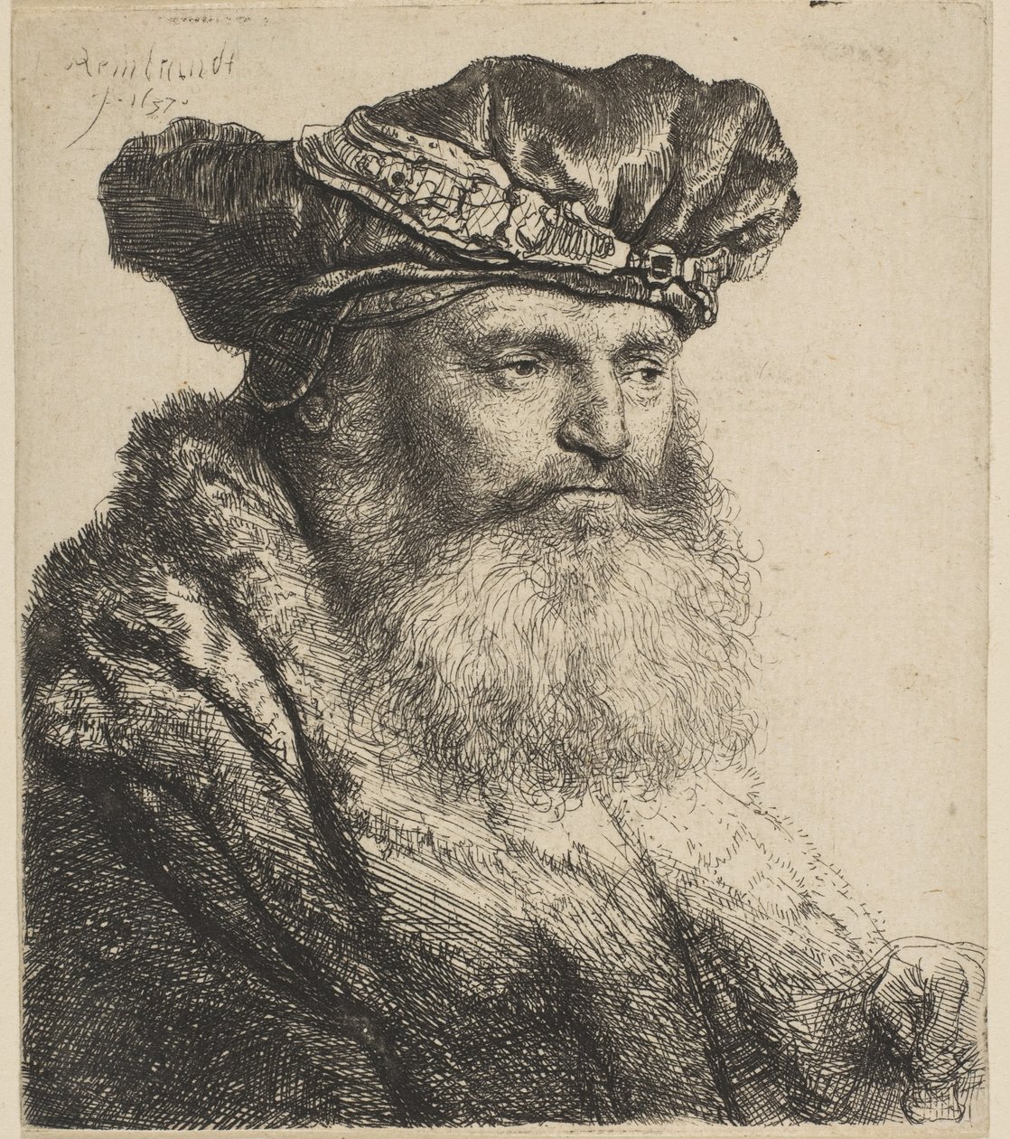 Skægget mand i fløjlskasket med juvellås, 1637. af Rembrandt van Rijn