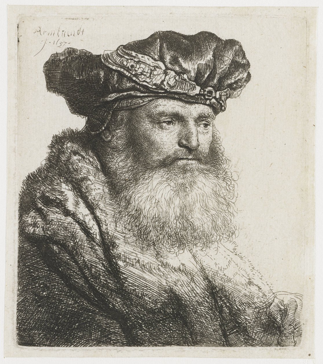 Skægget mand i en fløjlskasket med et juvellås Skægget mand i fløjlskasket med juvellås af Rembrandt van Rijn