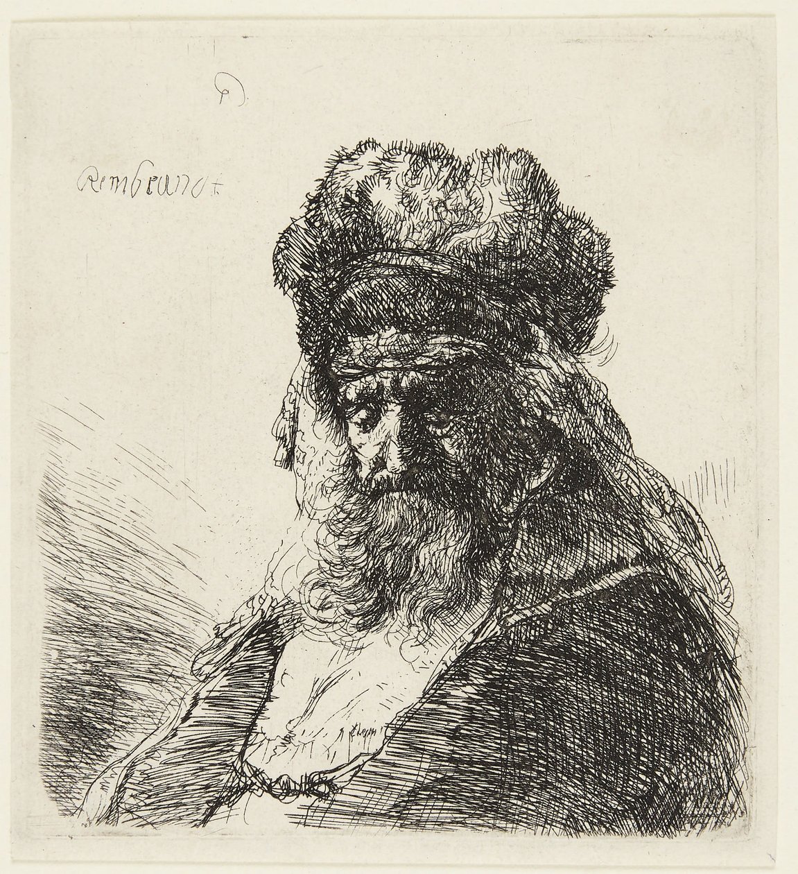 Skægget gammel mand med en høj pelshue og lukkede øjne af Rembrandt van Rijn