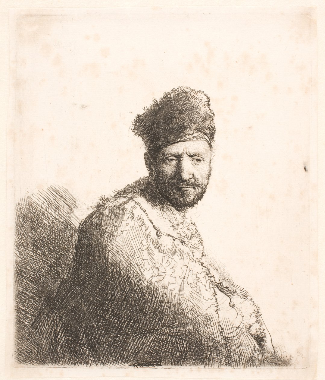 Skægget mand (Rembrandts far) i orientalsk hue og kappe med pelskant: halvfigur af Rembrandt van Rijn