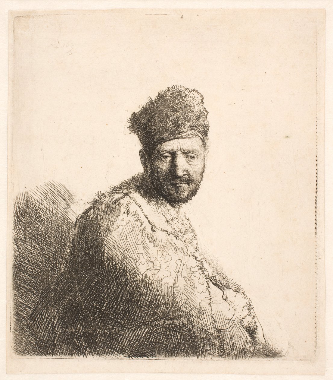 Skægget mand (Rembrandts far) i orientalsk hue og kappe med pelskant: halvfigur af Rembrandt van Rijn