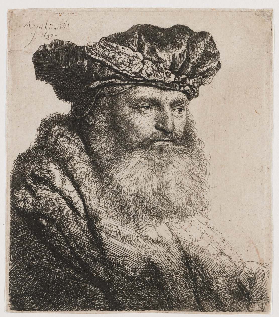 Skægget mand i fløjlskasket med juvellås af Rembrandt van Rijn