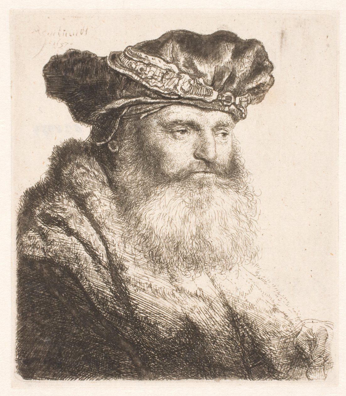Skægget mand iført en fløjlskasket med juvellås af Rembrandt van Rijn