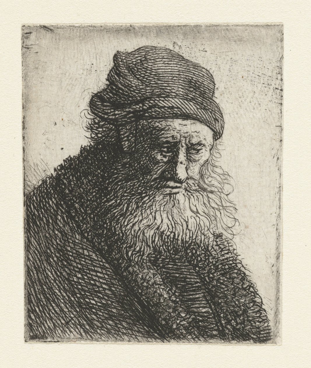 Skægget mand med kort bølget hår: buste af Rembrandt van Rijn