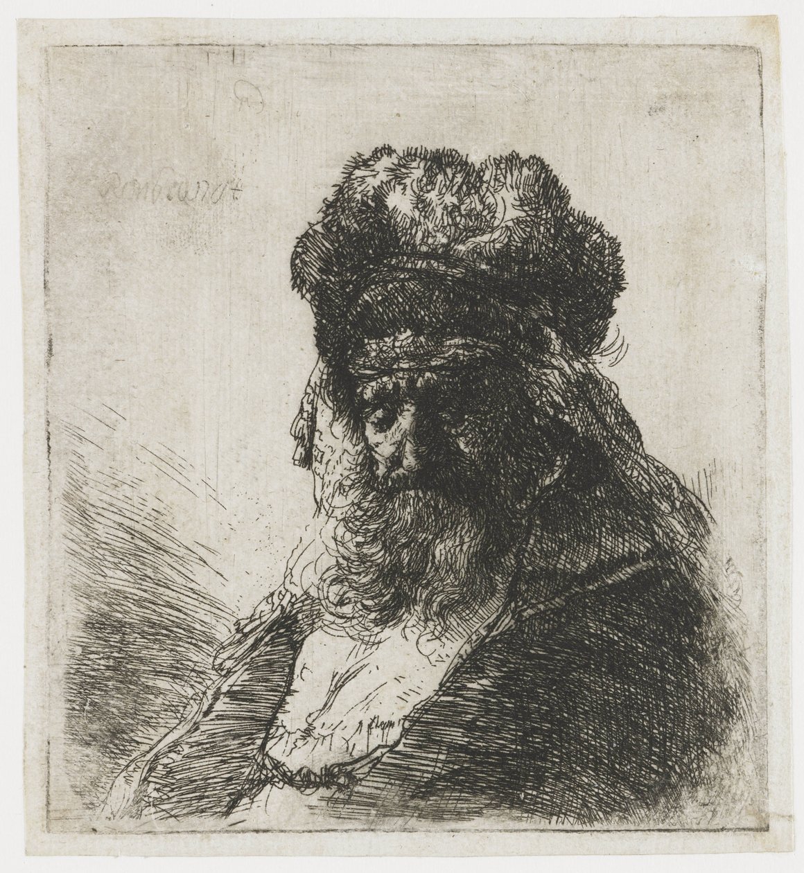 Skæggede gammel mand i høj pelshue med lukkede øjne af Rembrandt van Rijn