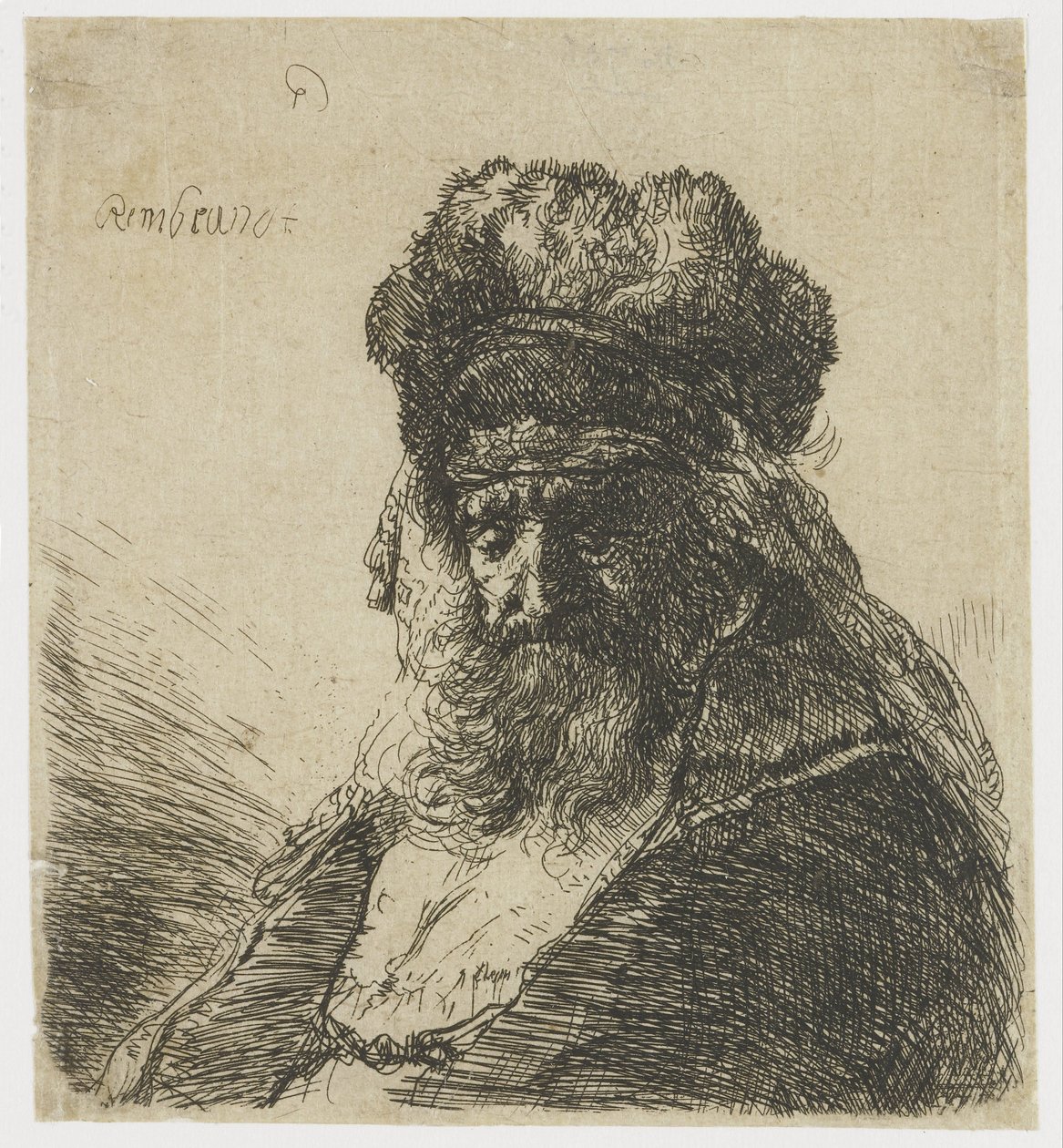 Skæggede gammel mand i høj pelshue med lukkede øjne af Rembrandt van Rijn