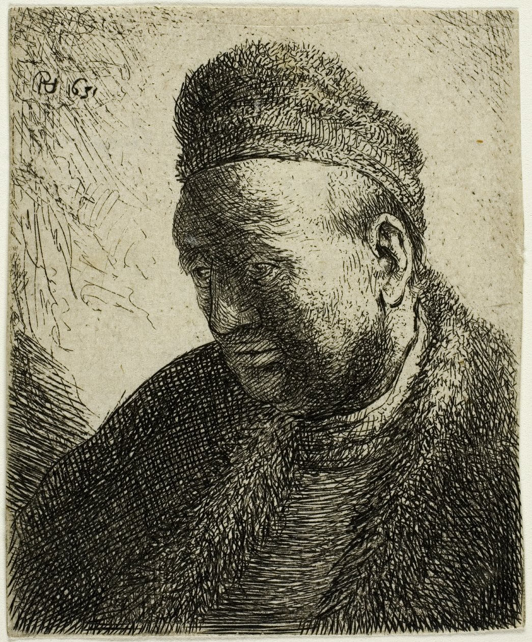 Skægløs mand i en pelskappe og kasket: Buste af Rembrandt van Rijn