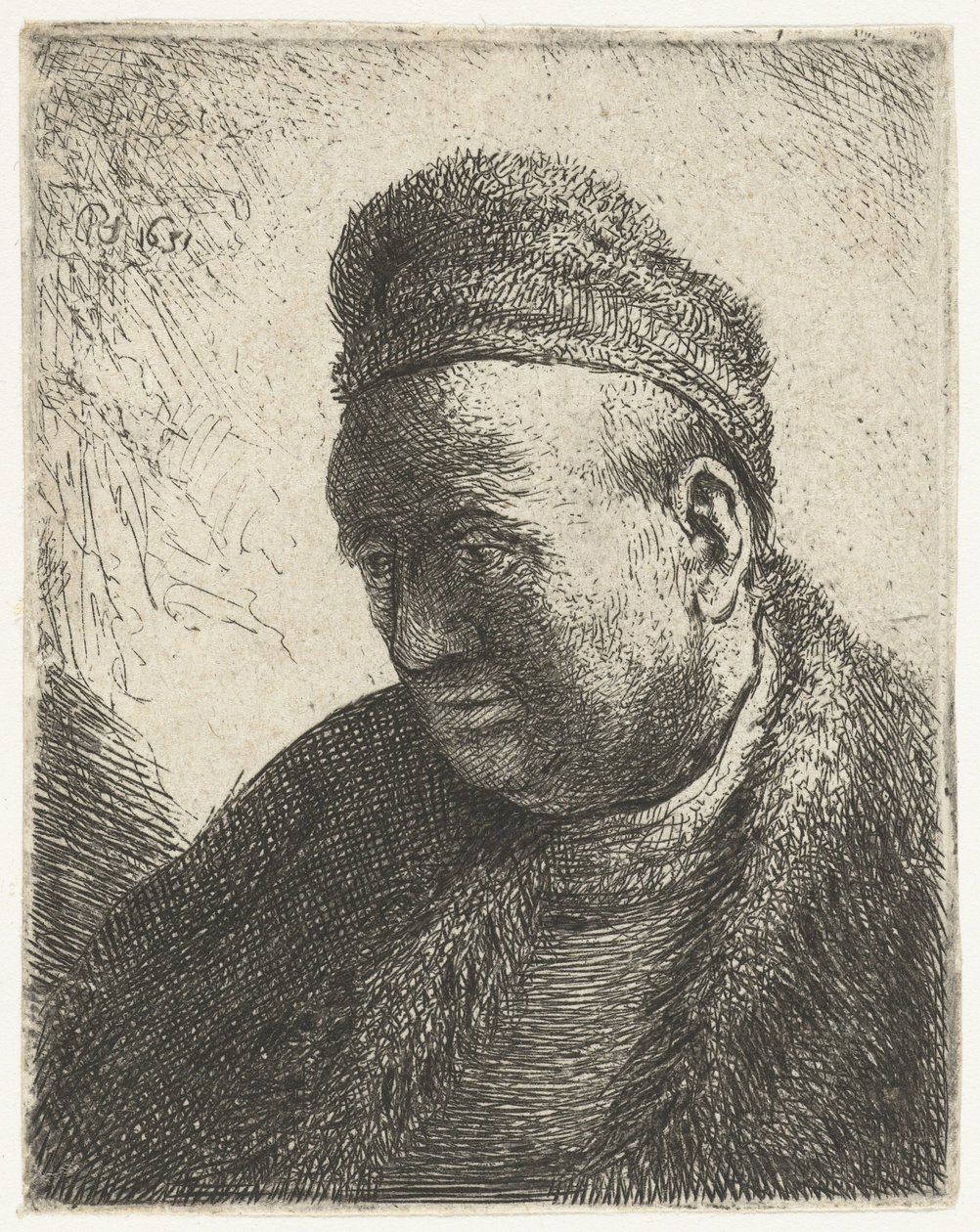 Skægløs mand i pelskappe og kasket: buste af Rembrandt van Rijn