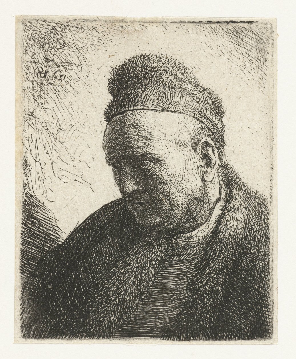 Skægløs mand i pelskappe og kasket: buste af Rembrandt van Rijn