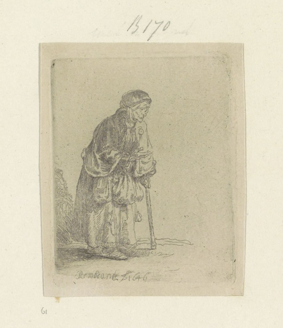 Tiggerkvinde, lænet på en pind, til højre Recueil de quatre-vingt-cinq estampes originales (serietitel) af Rembrandt van Rijn