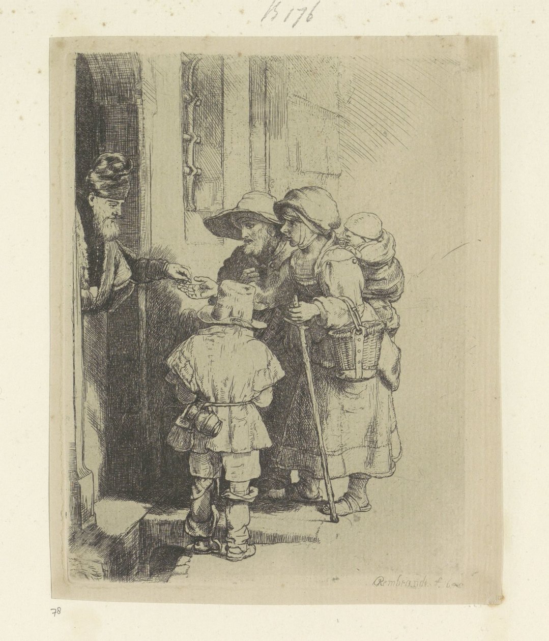 Tiggerfamilien modtager almisse ved døren til et hus Recueil de quatre-vingt-cinq estampes originales (serietitel) af Rembrandt van Rijn