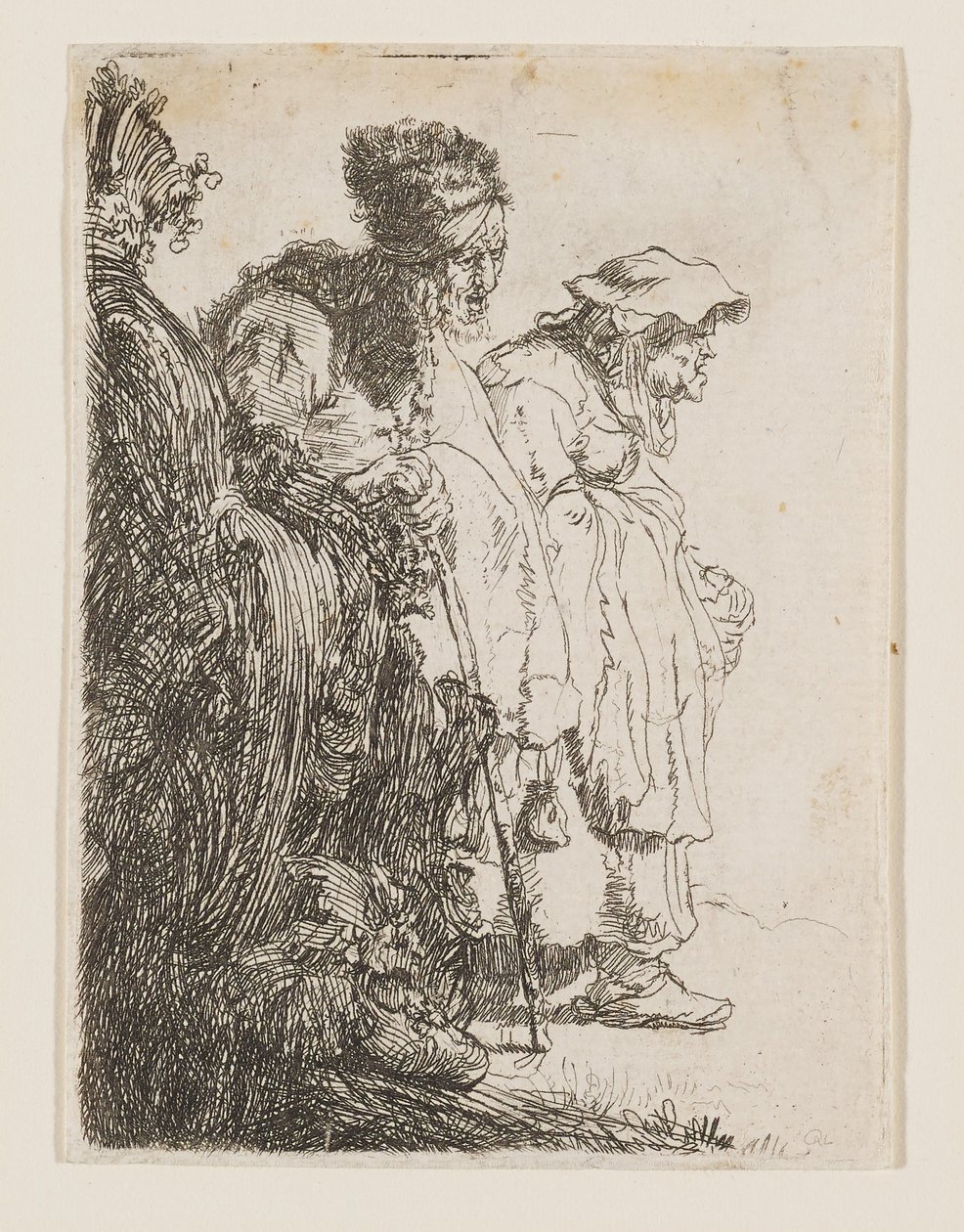 En tigger og en tiggerinde bag en bank af Rembrandt van Rijn