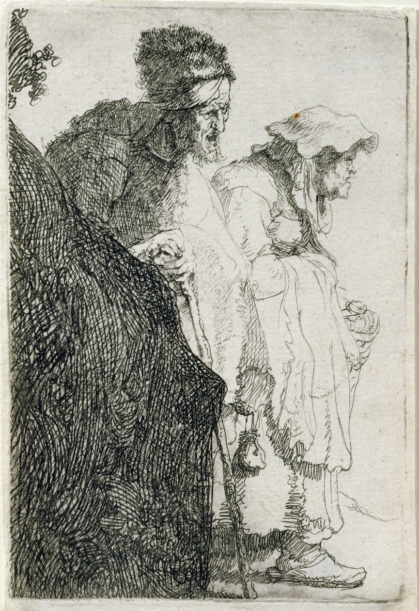 Tiggermand og kvinde bag en bank, ca. 1630 af Rembrandt van Rijn