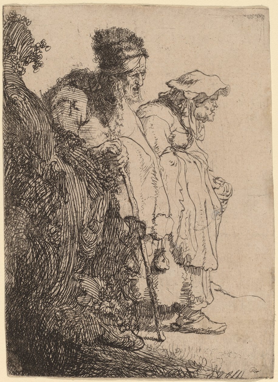 Tiggermand og kvinde bag en bank af Rembrandt van Rijn