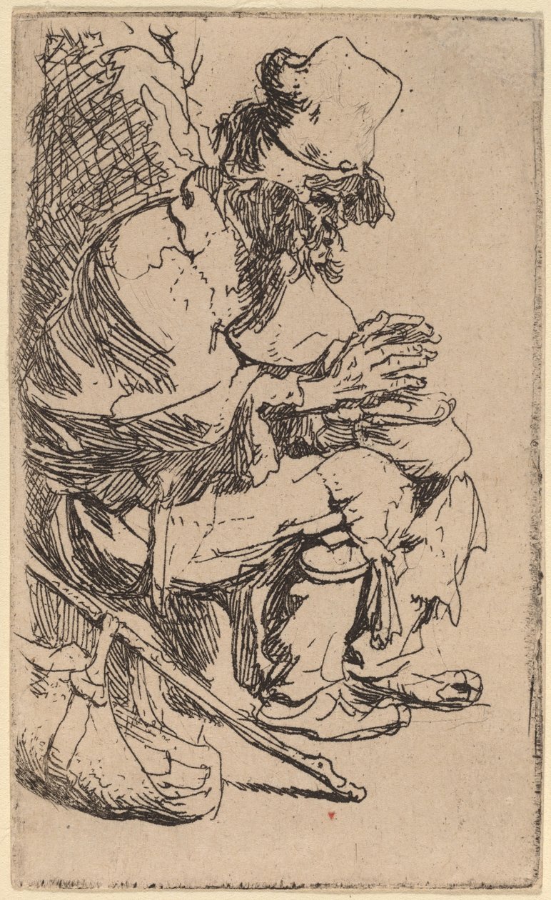 Tigger sidder og varmer sine hænder ved en gnidningsret af Rembrandt van Rijn