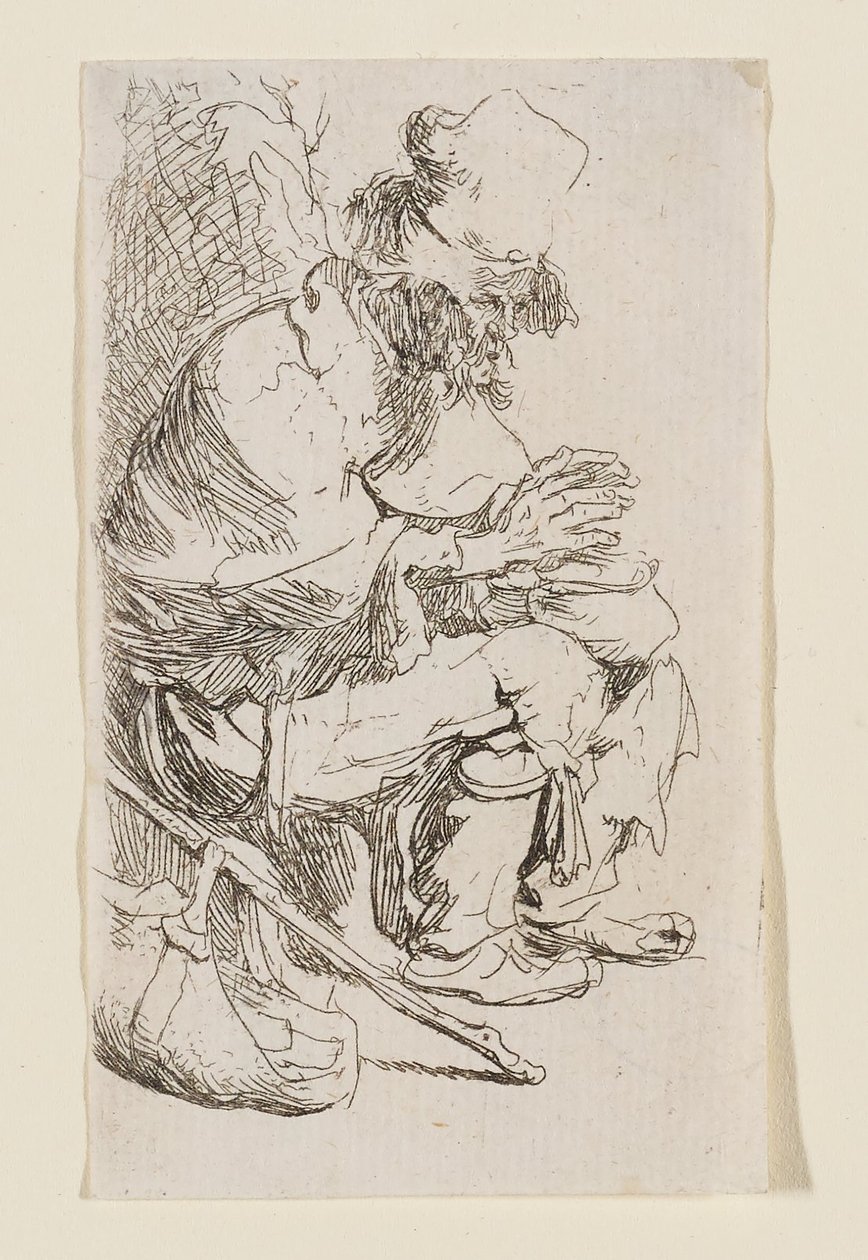 Siddende tigger, der varmer hænderne ved et fyrfad af Rembrandt van Rijn