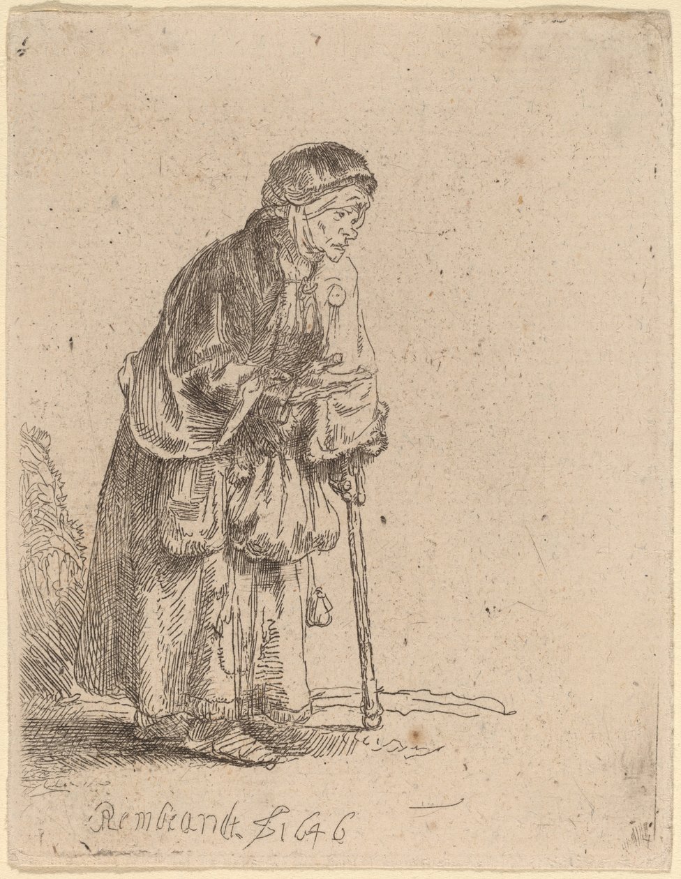 Tiggerkvinde læner sig op ad en pind af Rembrandt van Rijn