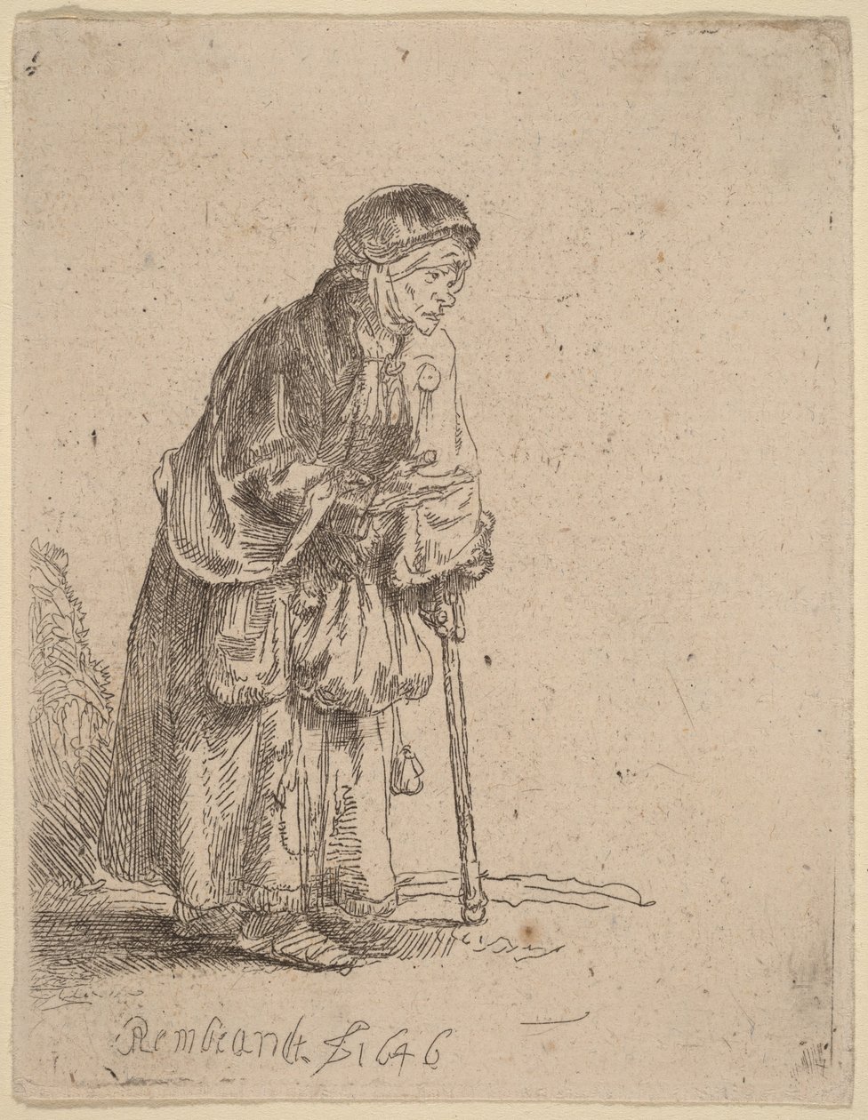 Tiggerkvinde, der støtter sig til en stok af Rembrandt van Rijn