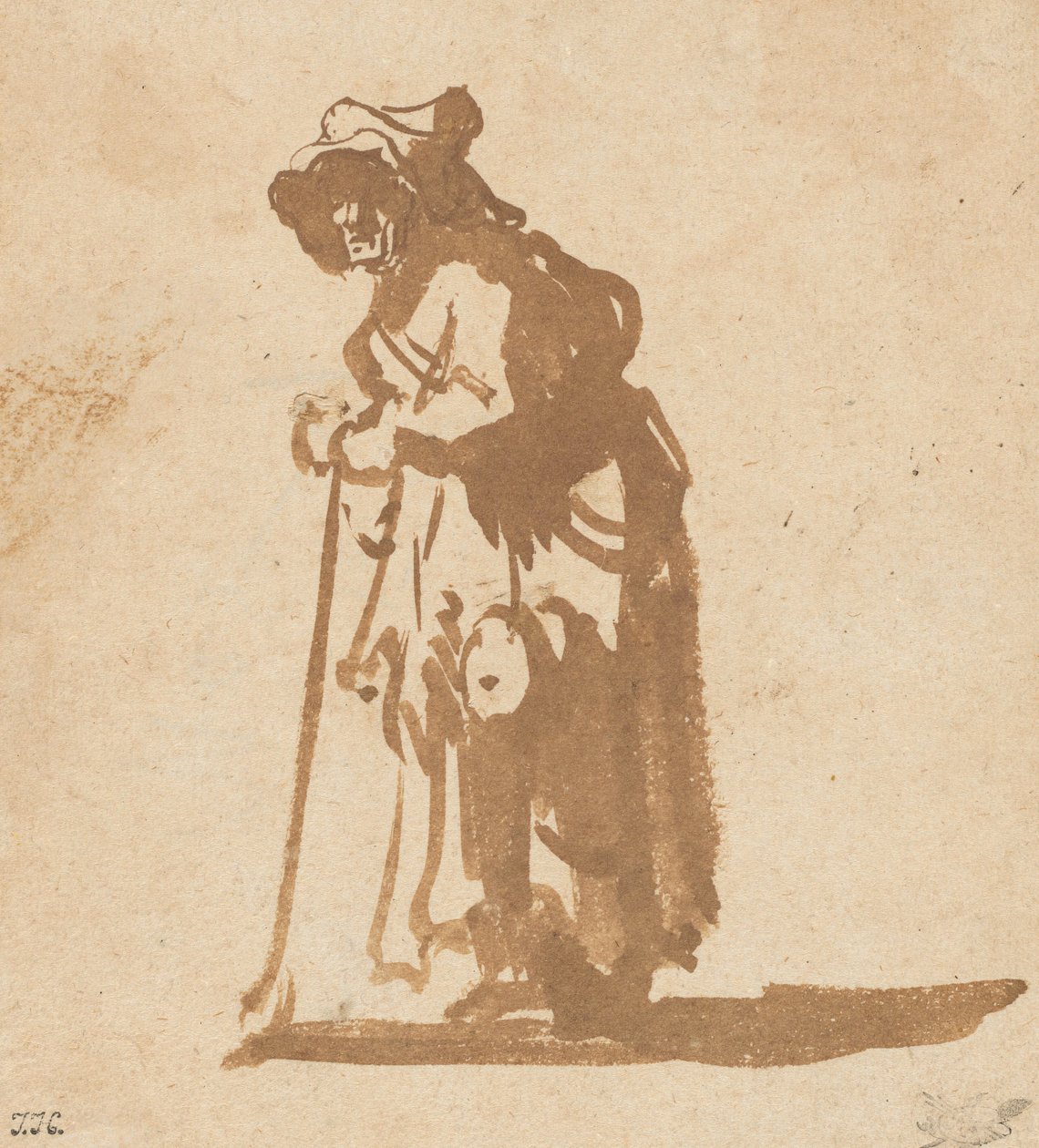 Tiggerkvinde læner sig op ad en pind, 16281630. af Rembrandt van Rijn