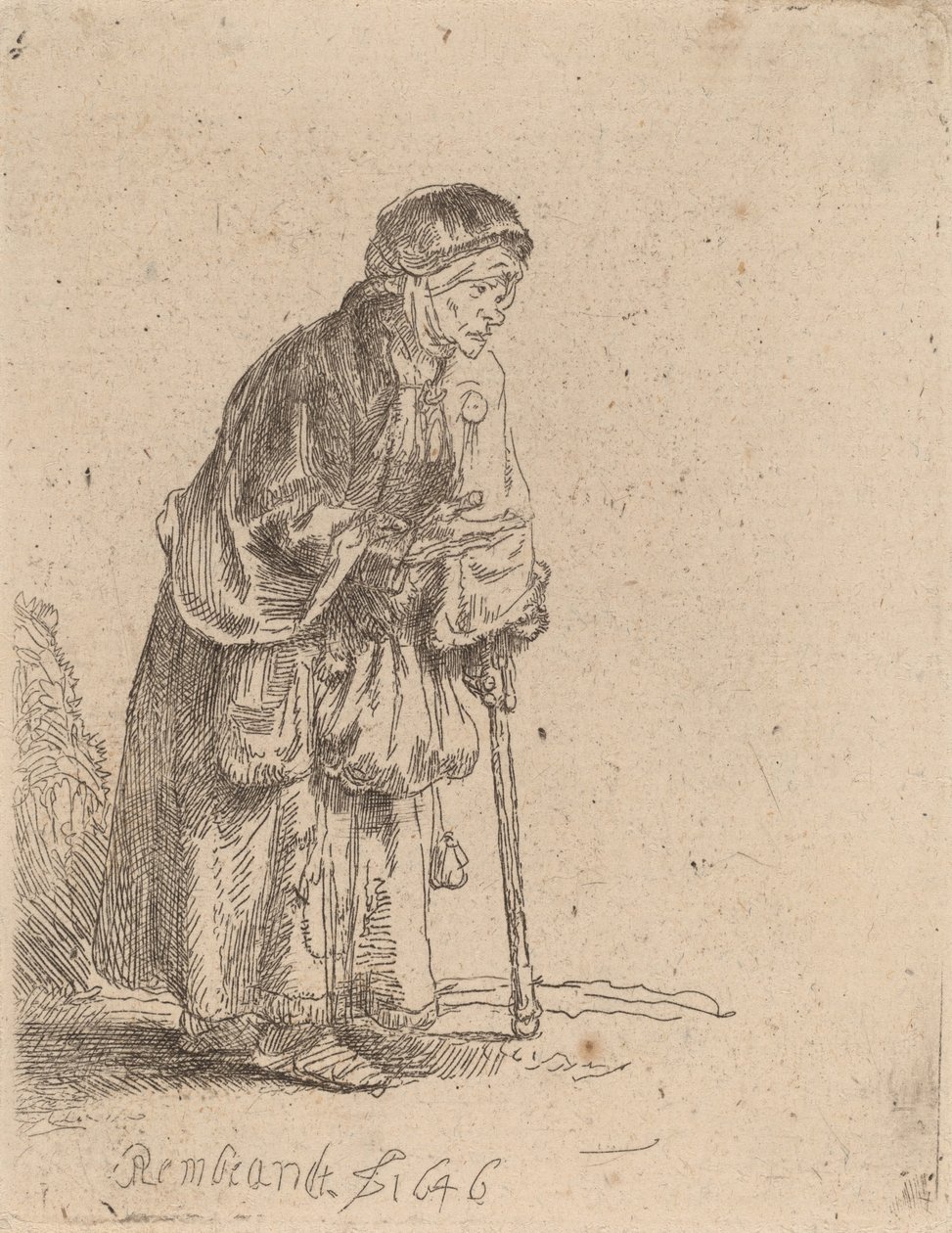 Tiggerkvinde læner sig op ad en pind, 1646. af Rembrandt van Rijn
