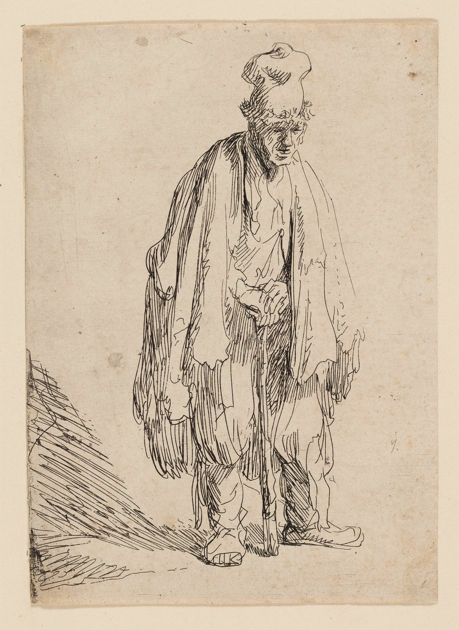 Tigger med høj kasket, stående og lænet på en pind af Rembrandt van Rijn