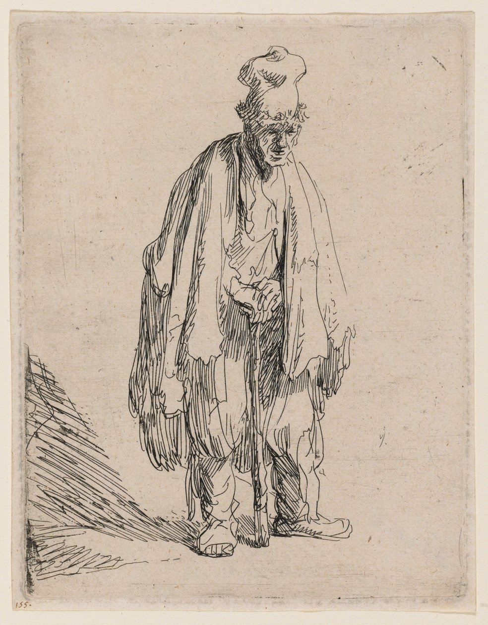 Tigger med høj kasket, stående og støttet til en stok af Rembrandt van Rijn