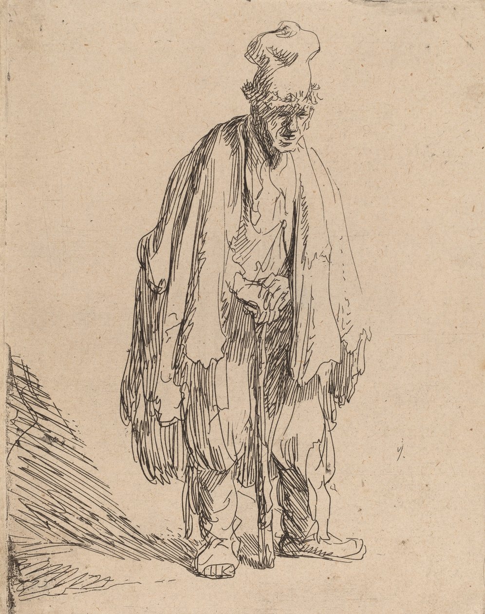 Tigger med høj kasket, stående og lænet på en pind, ca. 1630. af Rembrandt van Rijn