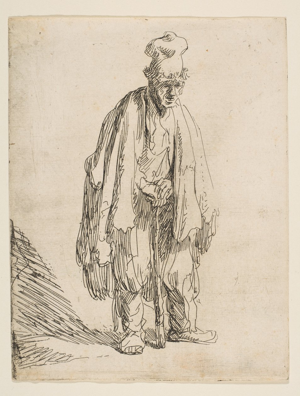 Tigger med høj kasket, stående og lænet på en pind, ca. 1629. af Rembrandt van Rijn