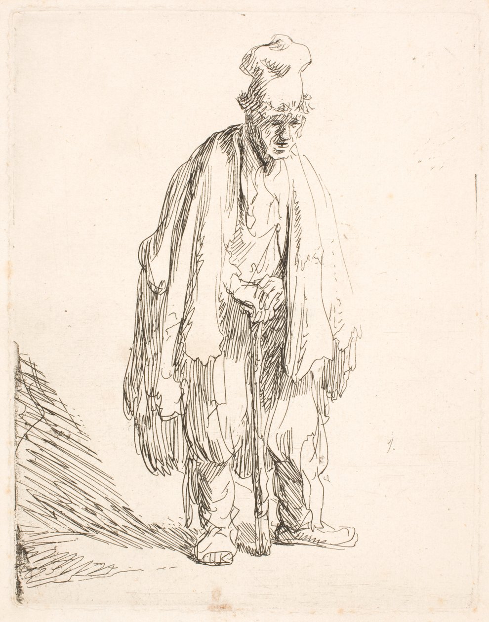 En tigger med en høj hue, der står og læner sig op ad en stok af Rembrandt van Rijn
