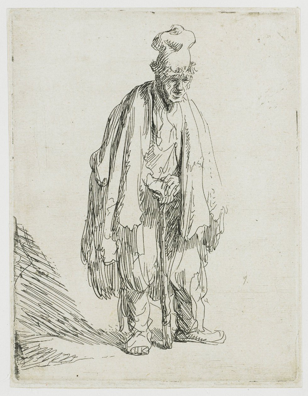 En tigger med en høj hue, der står og støtter sig til en stok af Rembrandt van Rijn