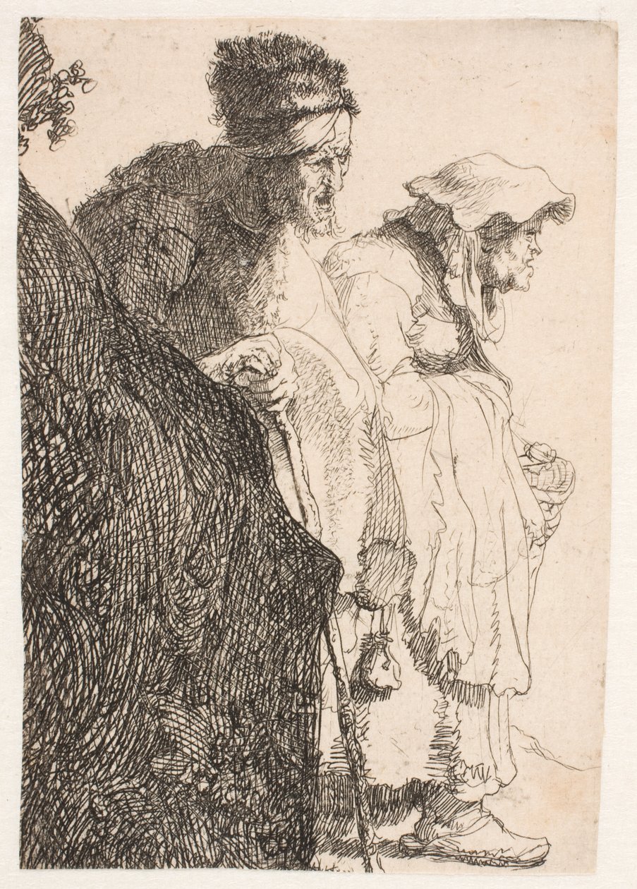 En tigger og en tiggerinde bag en bank af Rembrandt van Rijn
