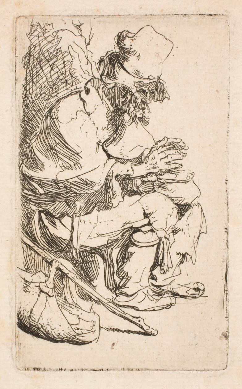 En tigger, der sidder og varmer hænderne ved en varmeskål af Rembrandt van Rijn