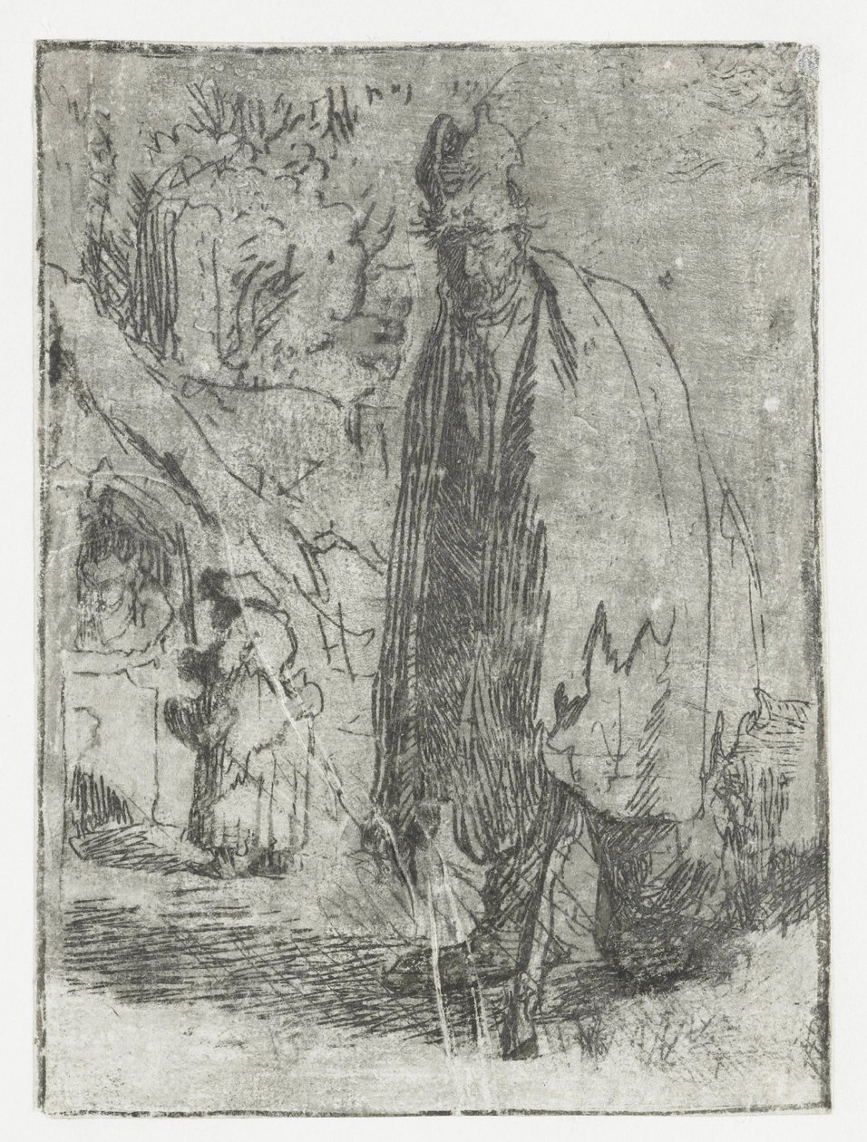 Tigger med en hytte og to figurer i baggrunden af Rembrandt van Rijn