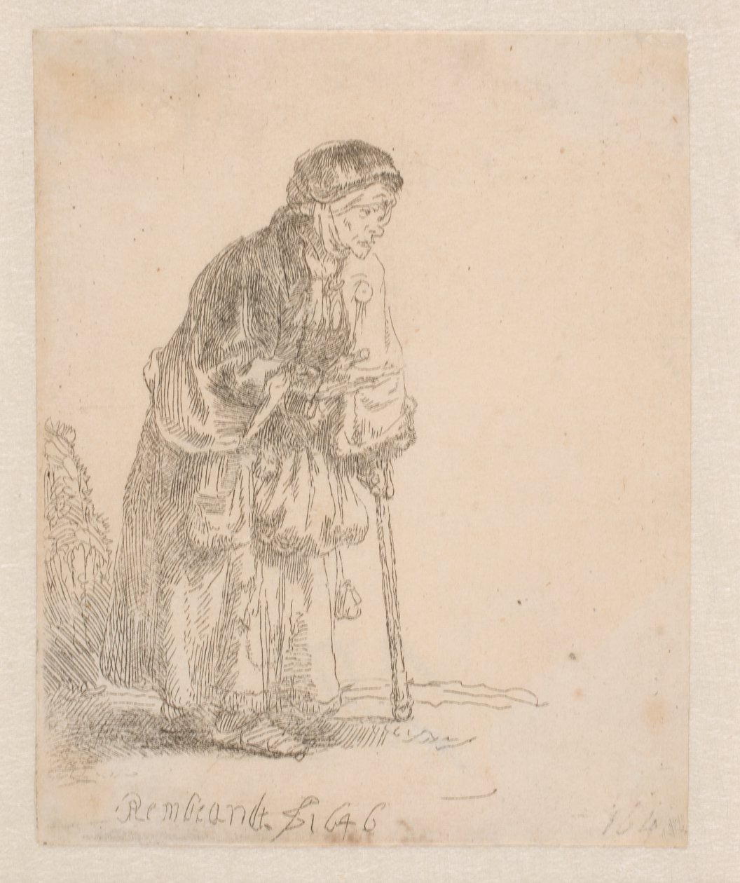 En tiggerkvinde, der støtter sig til en stok af Rembrandt van Rijn