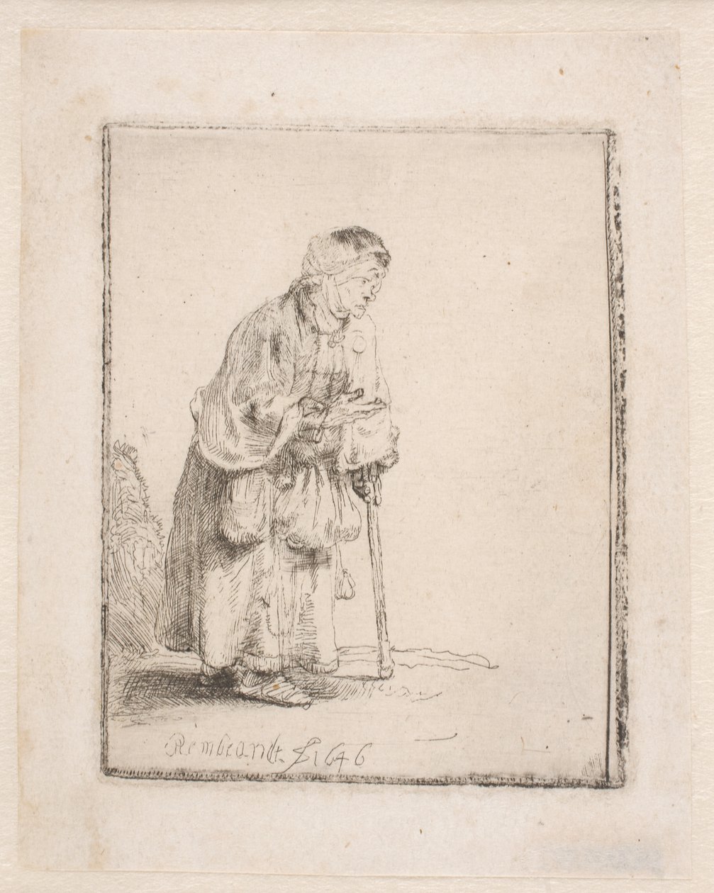 En tiggerkvinde, der støtter sig til en stok af Rembrandt van Rijn