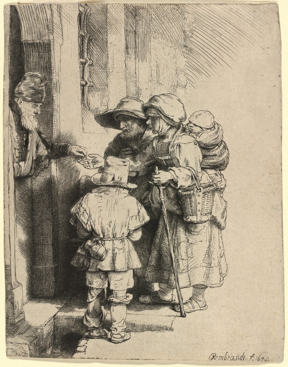 Tiggere, der modtager almisser ved døren til et hus af Rembrandt van Rijn