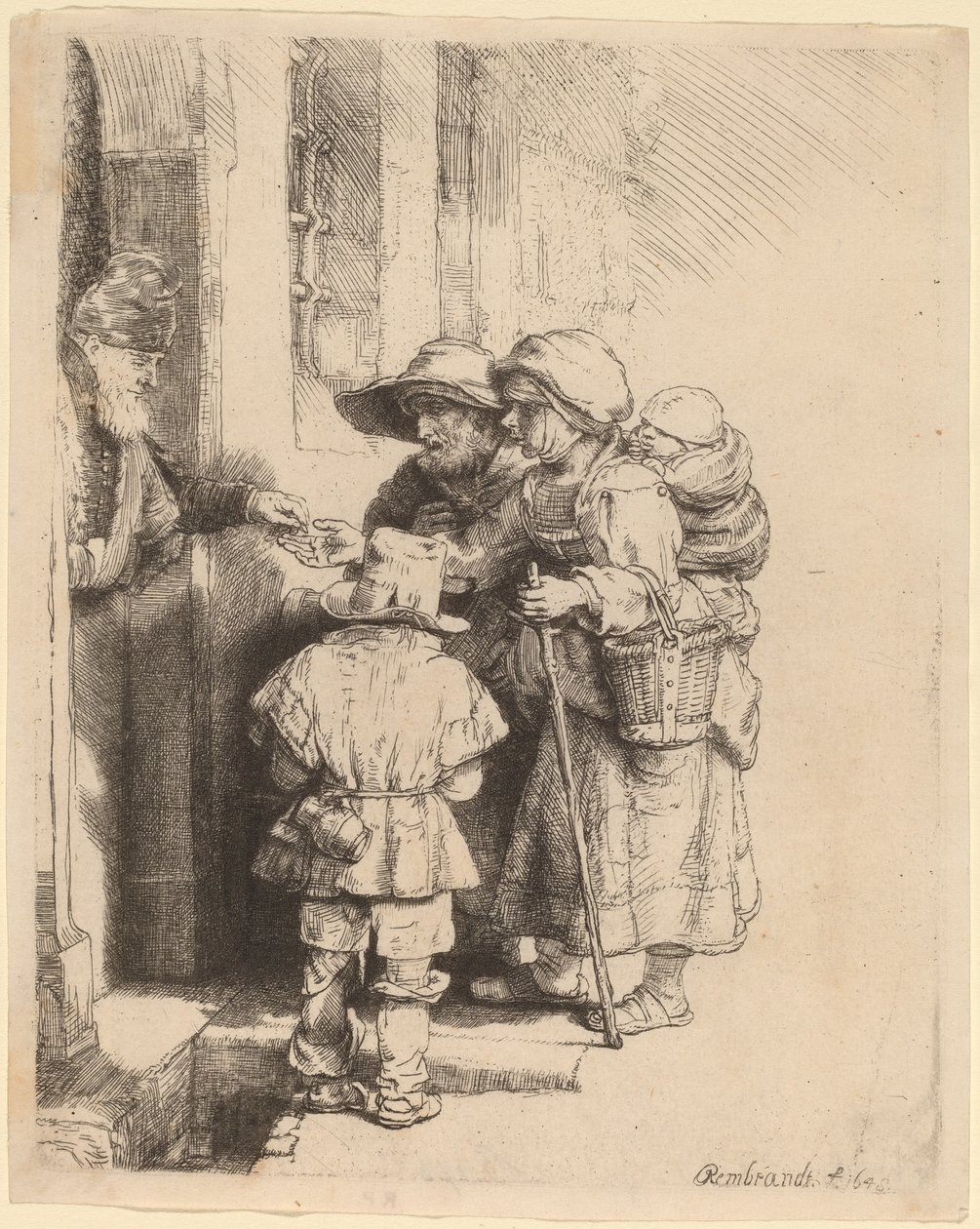 Tiggere, der modtager almisser ved døren til et hus af Rembrandt van Rijn