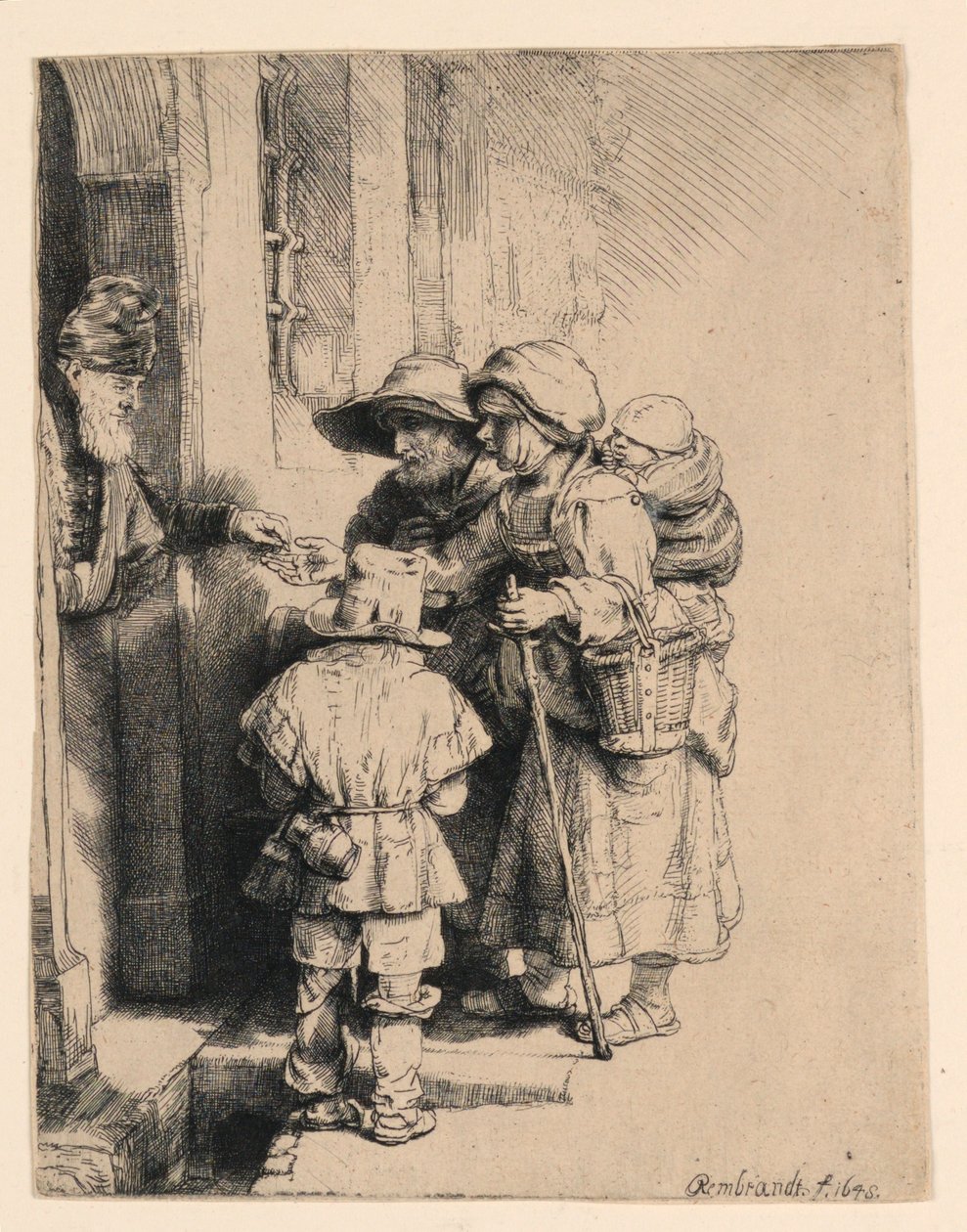 Tiggere, der modtager almisser ved døren til et hus af Rembrandt van Rijn