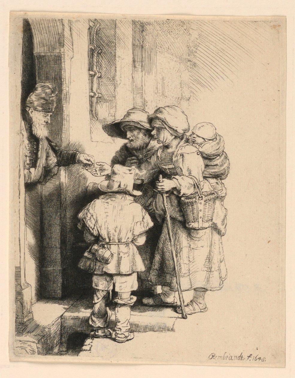 Tiggere, der modtager almisser ved døren til et hus af Rembrandt van Rijn