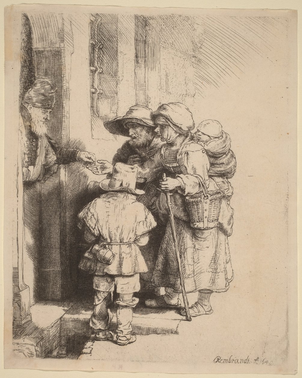 Tiggere, der modtager almisser ved indgangen til et hus af Rembrandt van Rijn