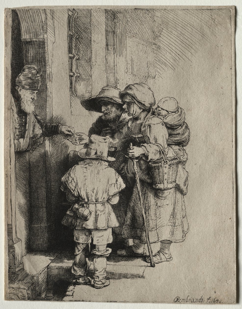 Tiggere modtager almisser ved døren til et hus, 1648. af Rembrandt van Rijn