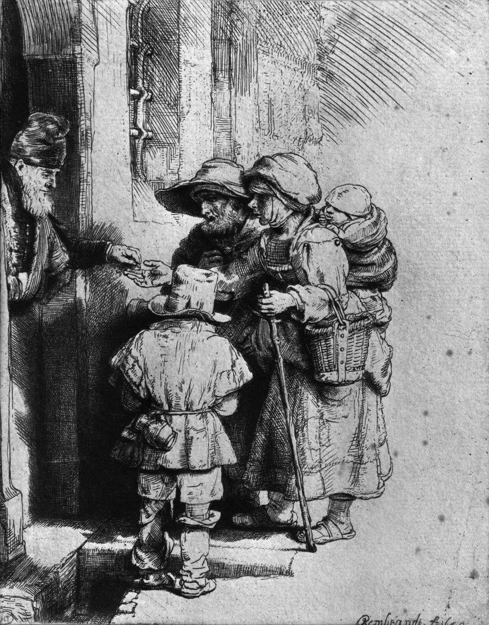 Tiggere på dørtrinnet til et hus, 1648 af Rembrandt van Rijn