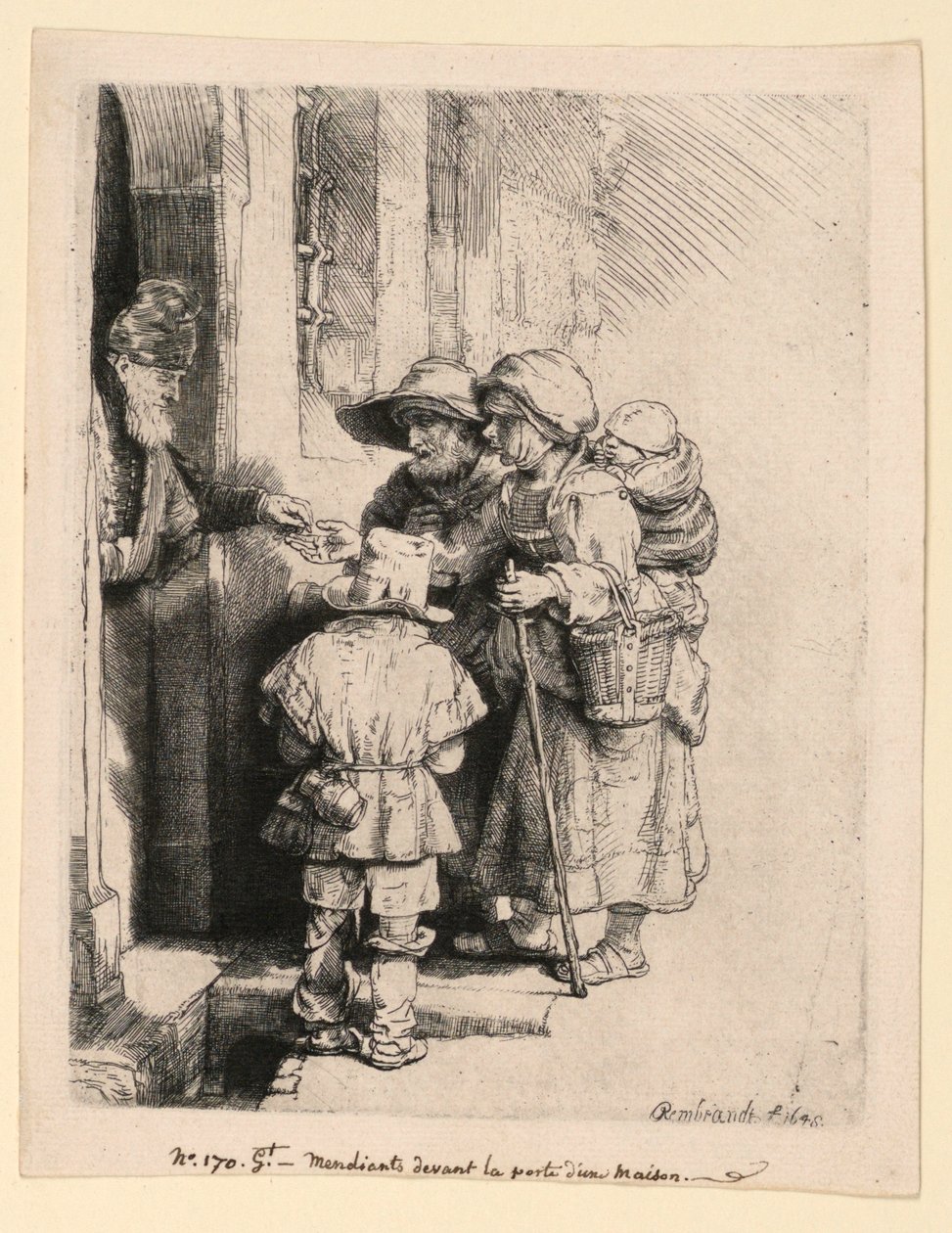 Tiggere, der modtager almisser ved døren til et hus af Rembrandt van Rijn