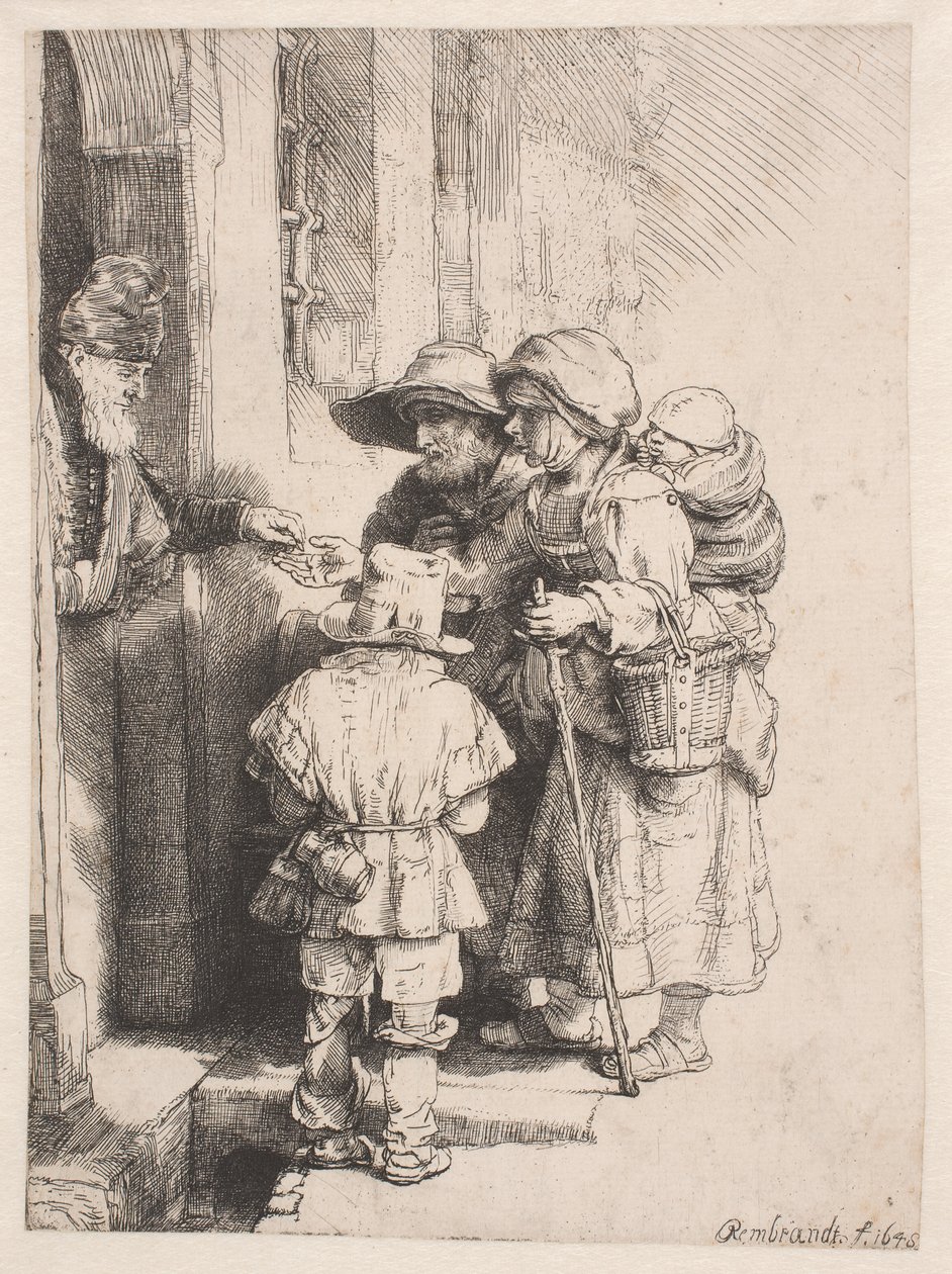 Tiggere, der modtager almisser ved indgangen til et hus af Rembrandt van Rijn
