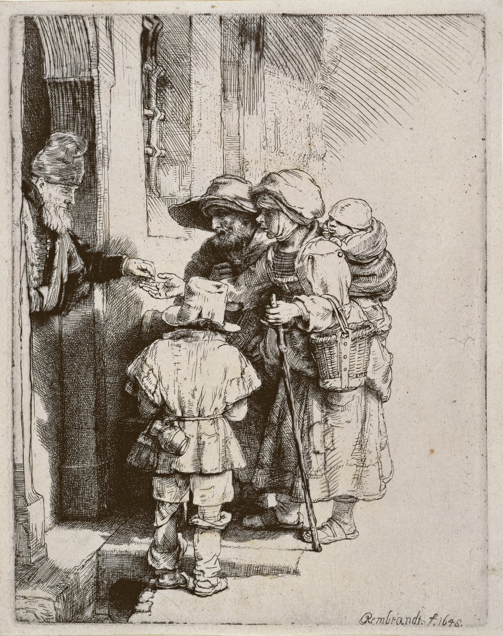 Tiggere, der modtager almisse ved døren til et hus, 1648 (tørpunktsgravering) af Rembrandt van Rijn