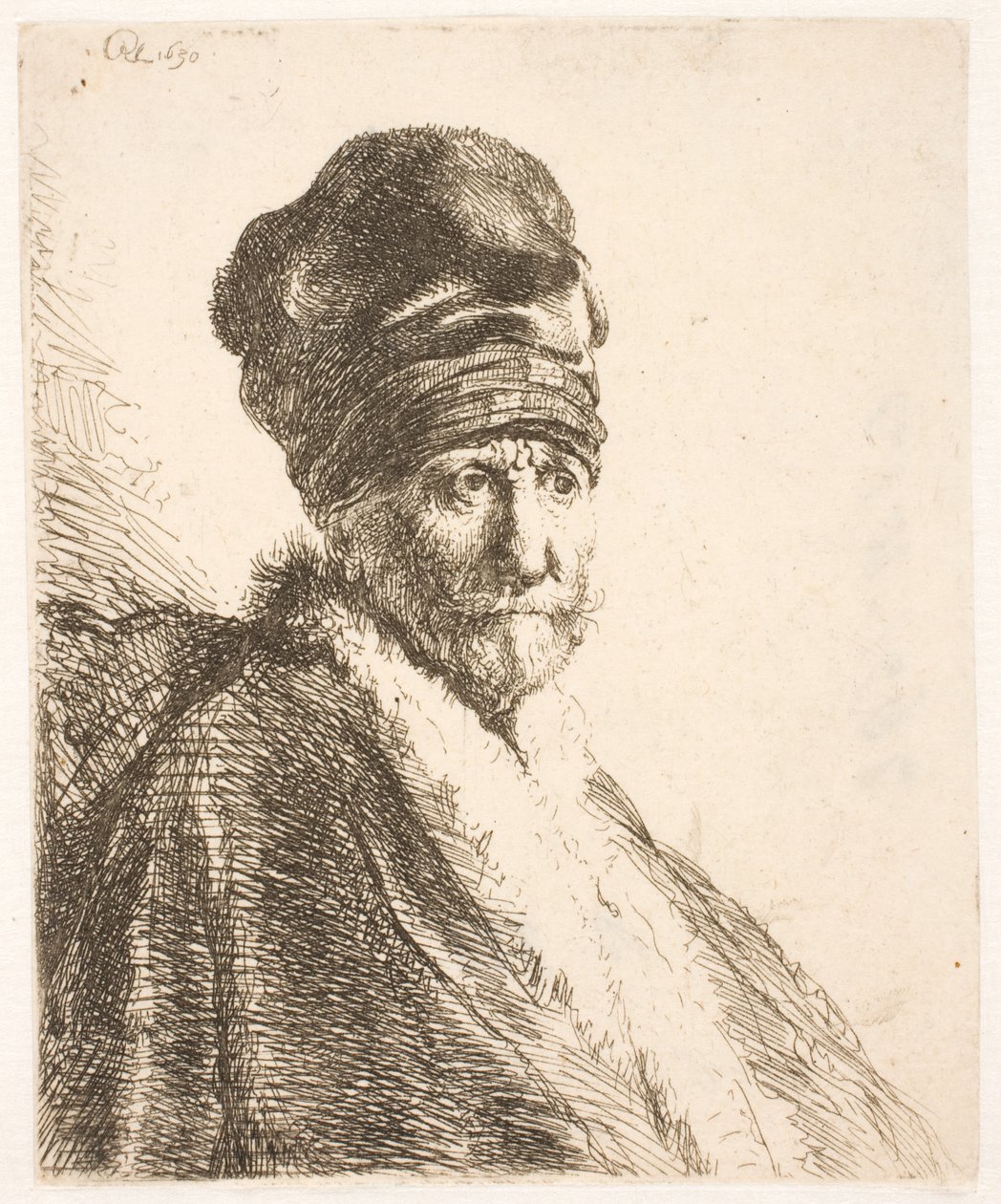Buste af en mand (Rembrandts far) iført en høj hue, set i trekvartprofil af Rembrandt van Rijn