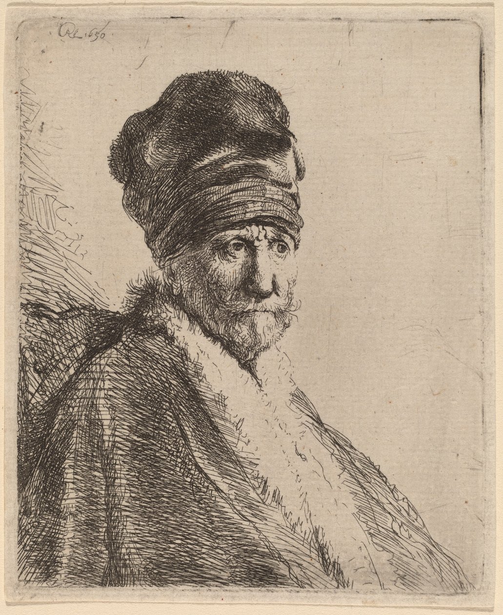 Buste af en mand iført høj kasket, trekvart højre (kunstnerens far?) af Rembrandt van Rijn