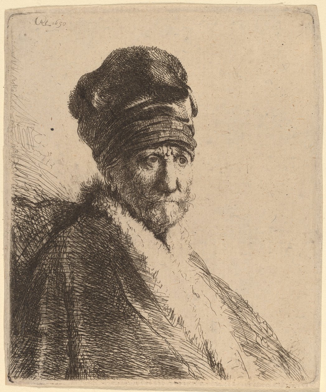 Buste af en mand iført høj kasket, trekvart højre (kunstnerens far?) af Rembrandt van Rijn