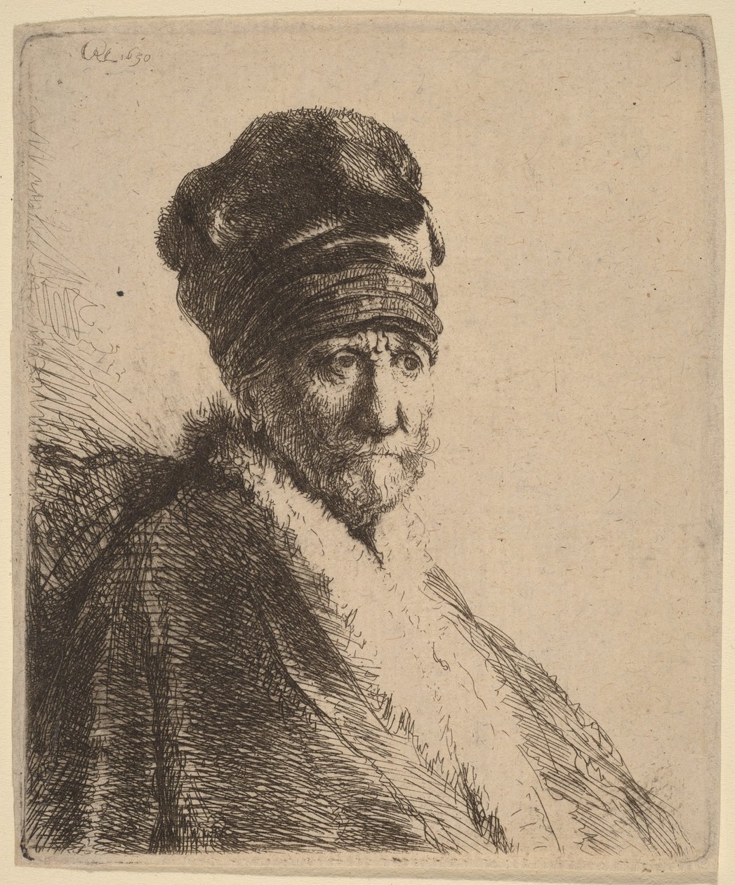 Buste af en mand med høj kasket, set i trekvartprofil til højre (kunstnerens far) af Rembrandt van Rijn