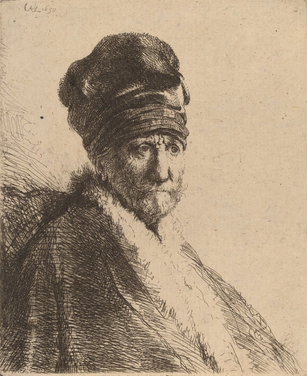 Buste af en mand iført høj kasket, trekvart højre kunstnerens far, 1630. af Rembrandt van Rijn